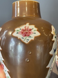 A Chinese capucin-brown-ground famille rose garniture of five vases with floral design, Qianlong