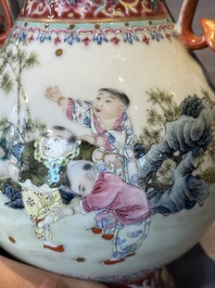 A Chinese famille rose 'hu' vase with playing boys, Qianlong mark, 20th C.