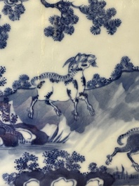 A square Chinese blue and white 'three rams' jardiniere, 19th C.