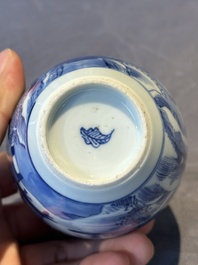 A Chinese blue and white silver mounted tea caddy with a river landscape, Kangxi
