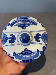 A Chinese blue and white vase, a covered bowl and six saucers, Chenghua and artemisia leaf mark, Kangxi