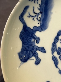 A Chinese blue and white 'mythical beasts' plate, Shunzhi mark and of the period