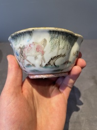 A Chinese blue, white and famille rose tea service, three famille rose bowls, a plate and a covered jar, 19th C.