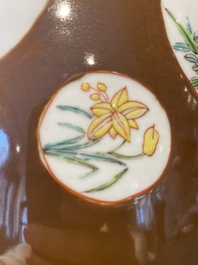 A pair of Chinese capucin-brown-ground famille rose covered jars with floral design, Yongzheng/Qianlong