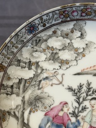 A Chinese famille rose 'erotic subject' cup and saucer, Yongzheng/Qianlong