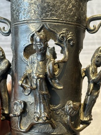 Two Chinese Chinese bronze cylindrical incense stick holders and a covered censer, Yuan/Ming and Qing