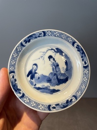 A Chinese blue and white vase, a covered bowl and six saucers, Chenghua and artemisia leaf mark, Kangxi