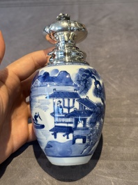 A Chinese blue and white silver mounted tea caddy with a river landscape, Kangxi