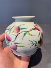 A rare Chinese famille rose 'Wu Shuang Pu' vase and a 'nine peaches' jar, Guangxu mark, 19th C.
