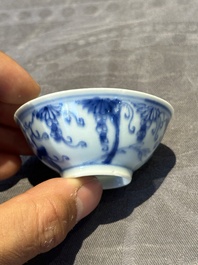 Three Chinese blue and white 'grapevines' cups, Yongzheng mark and of the period