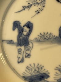 A Chinese blue and white vase, a covered bowl and six saucers, Chenghua and artemisia leaf mark, Kangxi