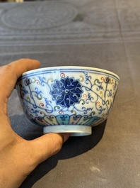 Two Chinese blue, white and famille rose bowls and two famille rose bowls, Guangxu and Shen De Tang mark, 19th C.