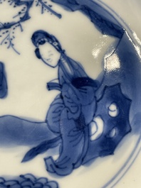 Four Chinese blue and white 'Eight Immortals' cups and saucers and five saucers, Chenghua and Lu mark, Kangxi