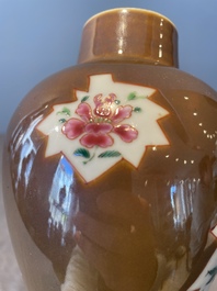 A Chinese capucin-brown-ground famille rose garniture of five vases with floral design, Qianlong