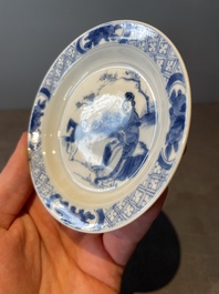 A Chinese blue and white vase, a covered bowl and six saucers, Chenghua and artemisia leaf mark, Kangxi