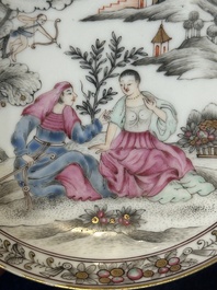 A Chinese famille rose 'erotic subject' cup and saucer, Yongzheng/Qianlong