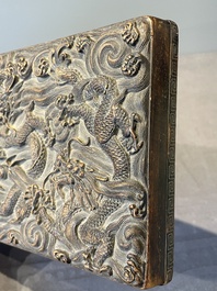 A Chinese rectangular silver-inlaid zitan wood 'dragon' box and cover, 17/18th C.