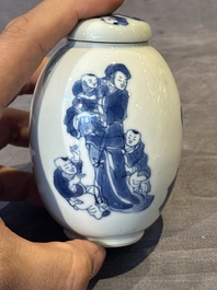 A Chinese blue and white tea caddy and cover with a lady and playing boys, Kangxi