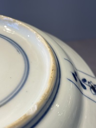 Three Chinese blue and white dishes and two plates, Kangxi