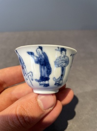 Four Chinese blue and white 'Eight Immortals' cups and saucers and five saucers, Chenghua and Lu mark, Kangxi