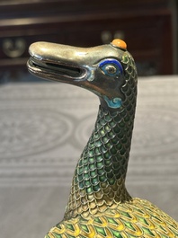 A rare Chinese turquoise and red coral inlaid silver enamelled duck-shaped censer and cover, 19/20th C.