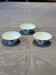 Three Chinese blue and white 'grapevines' cups, Yongzheng mark and of the period