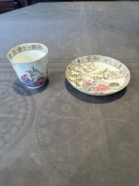 A Chinese famille rose 'erotic subject' cup and saucer, Yongzheng/Qianlong