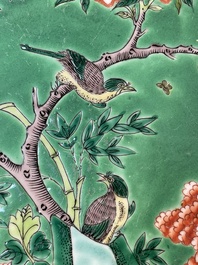 A Chinese famille verte and a famille rose dish with birds among blossom branches, 19th C.