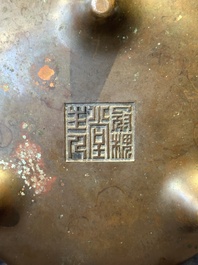 A Chinese bronze tripod censer, Guan Huai Tang Zhu Ren 冠槐堂主人 mark, 17/18th C.