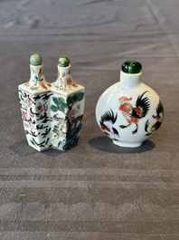 A Chinese double losange-shaped '12 zodiac animals' snuff bottle and a 'roosters' snuff bottle, 19th C.