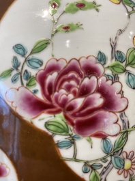 A pair of Chinese capucin-brown-ground famille rose covered jars with floral design, Yongzheng/Qianlong