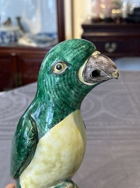 A pair of Chinese verte biscuit parrots, 19th C.