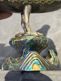 A rare Chinese turquoise and red coral inlaid silver enamelled duck-shaped censer and cover, 19/20th C.