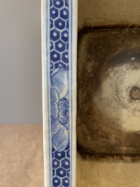A square Chinese blue and white 'three rams' jardiniere, 19th C.