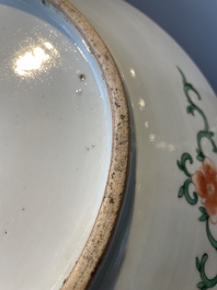 A Chinese famille verte and a famille rose dish with birds among blossom branches, 19th C.
