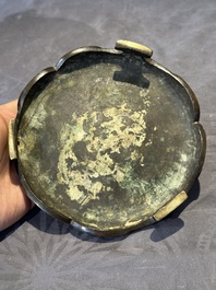 A Chinese bronze tripod censer with cover and stand, 19th C.