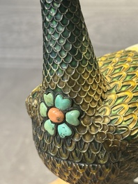 A rare Chinese turquoise and red coral inlaid silver enamelled duck-shaped censer and cover, 19/20th C.