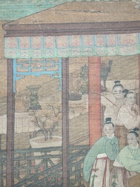 Chinese school: 'A bear breaks into the palace', ink and colour on silk, Qing
