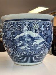 A large Chinese blue and white fish bowl, Jiaqing