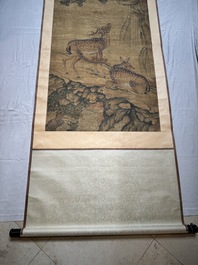 Chinese school: 'Two deer under a pine tree', ink and colour on silk, Qing or later