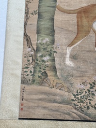 Chinese school, after Giuseppe Castiglione 郎世寧 (1688-1766): 'Hound under the sycamore tree', ink and colour on silk, Qianlong seal mark,18/19th C.