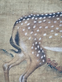 Chinese school: 'Two deer under a pine tree', ink and colour on silk, Qing or later