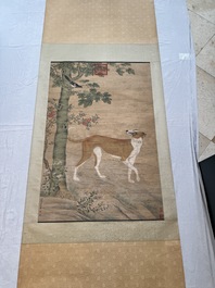 Chinese school, after Giuseppe Castiglione 郎世寧 (1688-1766): 'Hound under the sycamore tree', ink and colour on silk, Qianlong seal mark,18/19th C.