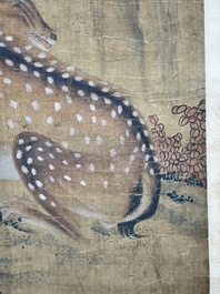Chinese school: 'Two deer under a pine tree', ink and colour on silk, Qing or later