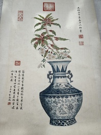 Chinese school: 'Archaic vase filled with flowers', ink and colour on paper, Cixi seal mark, 19/20th C.