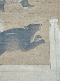 Chinese school: 'A bear breaks into the palace', ink and colour on silk, Qing
