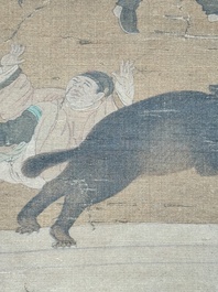Chinese school: 'A bear breaks into the palace', ink and colour on silk, Qing