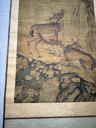 Chinese school: 'Two deer under a pine tree', ink and colour on silk, Qing or later