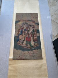 Chinese school: 'Deities in heaven', ink and colour on silk, Qing