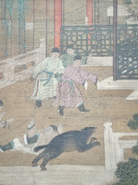 Chinese school: 'A bear breaks into the palace', ink and colour on silk, Qing